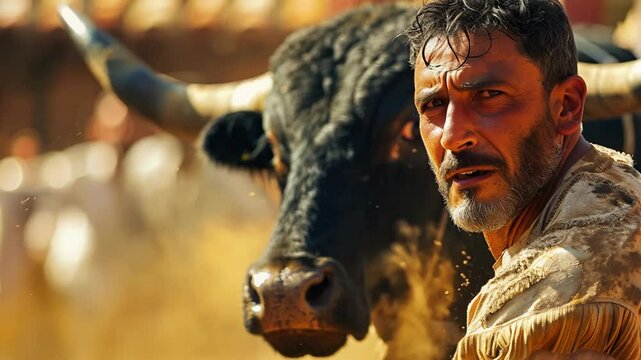 Determined matador facing a fierce bull in a sandy arena under sunlight. Concepts of bravery, tradition, and cultural significance.