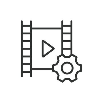 Video optimization, in line design. Video quality, enhancement, compression, editing, processing, video improvement on white background vector. Video optimization editable stroke icon.
