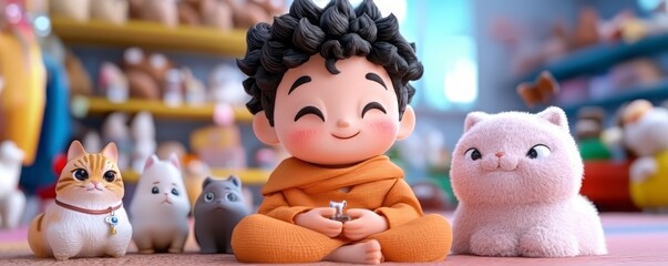 Fototapeta premium A joyful child sits surrounded by adorable plush animals, bringing an ambiance of happiness and playfulness to any space.