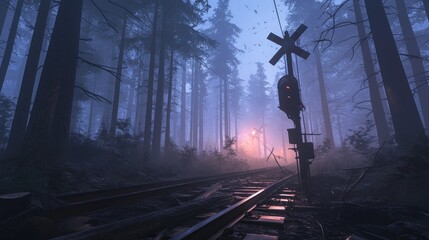 Naklejka premium A railroad track in the middle of a dense forest, with a signal light and crossing sign in the foreground. The forest is shrouded in mist, giving it an eerie and mysterious atmosphere.