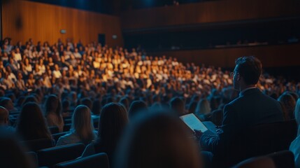 Naklejka premium A corporate event speaker delivers a speech in the conference hall. The conference hall's audience. Concept of business and entrepreneurship. Pay attention to the audience members who are unfamiliar.