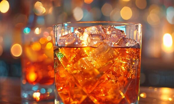 A close-up of a glass of amber-colored cocktail with ice cubes, set on a wooden table in a dimly lit bar.