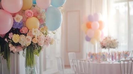 Beautifully decorated birthday party venue with colorful balloons elegant floral arrangements and festive decor elements providing ample copy space for text overlay