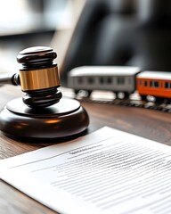 A gavel and model train on a desk, next to a paper document in a modern office setting background