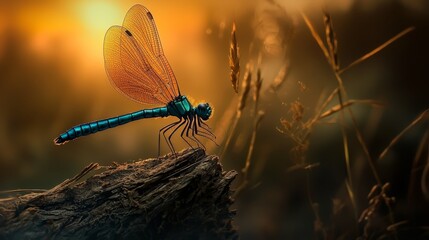  A blue dragonfly perches on a wooden slat against a backdrop of a yellow and orange sky