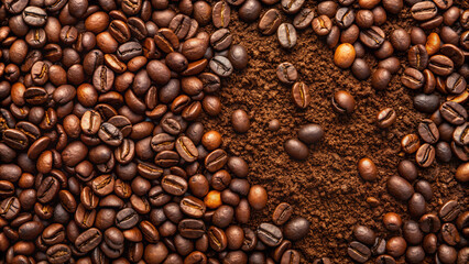 Naklejka premium Textured pattern of coffee beans with varying roast levels creating a complex surface
