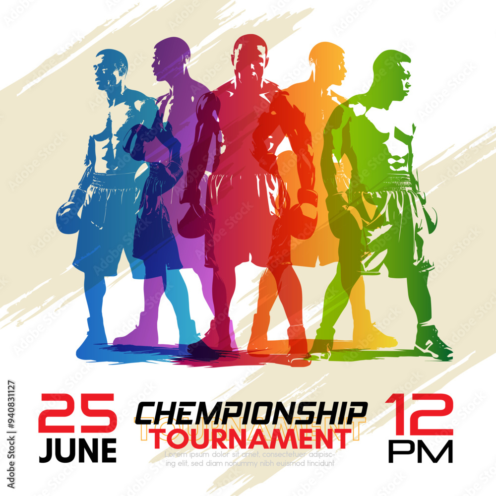 Wall mural boxing tournament or championship concept. vector poster template with colorful boxers silhouette.