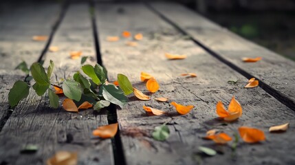  A tight shot of a wooden table, adorned with scattered leaves and petals atop its surface A plant proudly emerges from the table's center, thriving in this