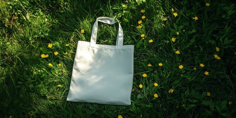 White fabric tote bag placed on green grass with yellow flowers, symbolizing sustainable and eco-conscious living
