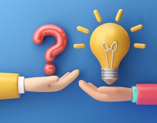 3D question mark and a lightbulb are offered symbolizing finding solutions, 3D illustration