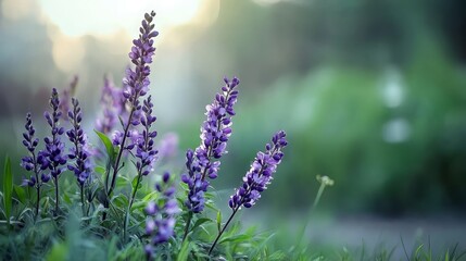 Obraz premium A tight shot of purple blooms amidst a field, backdrop softly blurred with grasses and trees