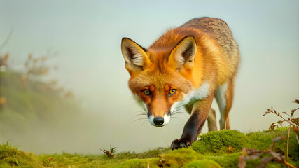 Fototapeta premium a hungry red fox sneaking through a misty forest