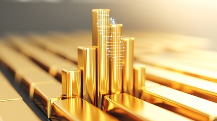 Ascending Golden Financial Performance 3D Chart with Digital Overlays