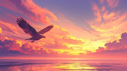 Eagle flying high in the sky at sunset over a calm sea.