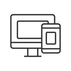 PC and smartphone, in line design. PC, Smartphone, Laptop, Desktop, Mobile phone, Computer, Tablet on white background vector. PC and smartphone editable stroke icon.