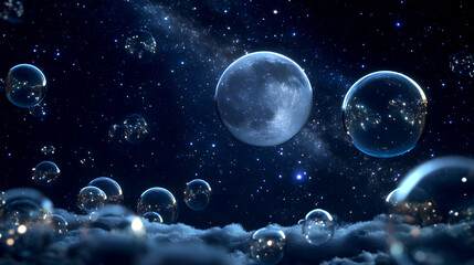 Fototapeta premium Mystical Night Sky Soap bubbles floating under a starry night sky, with the Milky Way and a full moon in the background. The bubbles reflect the stars and moonlight