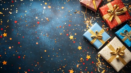 Vibrant and Festive Birthday Party Invitation Display with Colorful Balloons Confetti and Gift Boxes Providing Ample Copyspace for Personalized Text or Design