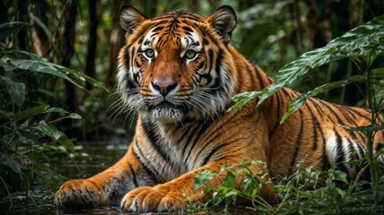 Majestic and fierce, the king of the jungle rests in serene confidence. 🐅🌿