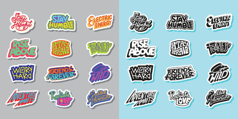 Cool Colorful Short Quotes Vector Stickers. Collection of Hand Drawn Groovy Typography