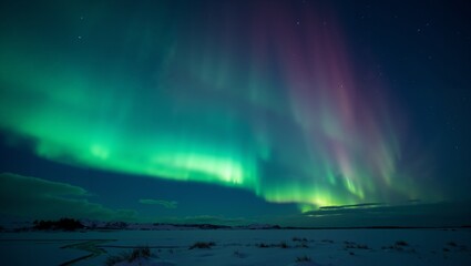 Naklejka premium Vibrant Aurora Borealis Display Over Snowy Landscape. Green sky.