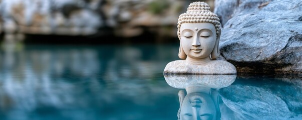Obraz premium A serene Buddha statue reflecting on calm water, surrounded by rocks, symbolizing peace and tranquility in nature.