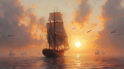 Obraz premium A majestic ship sailing at sunset amidst a tranquil sea.