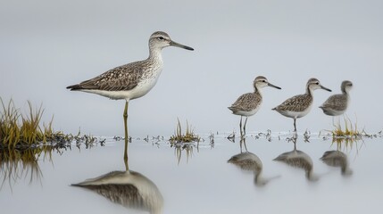 Obraz premium A group of birds lined up on a foggy water edge