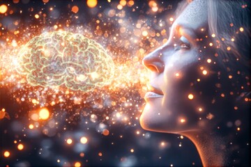 Side Profile of a Woman with Glowing Brain: Exploring the Intersection of Thought Creativity and the Cosmic Energy of the Mind