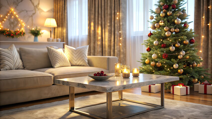 New Year tree with gifts and decorations in the interior of a modern living room