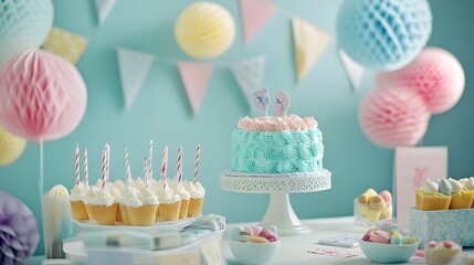Cheerful Child s Birthday Party with Colorful Themed and Cake  Festive with balloons confetti and a delicious birthday cake