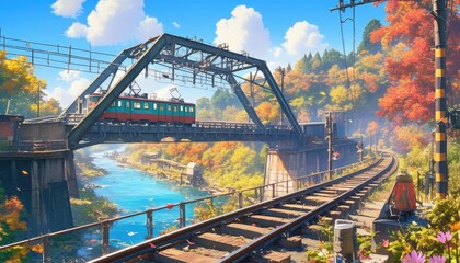 Naklejka premium Train crossing a bridge over a blue river, surrounded by autumn trees.
