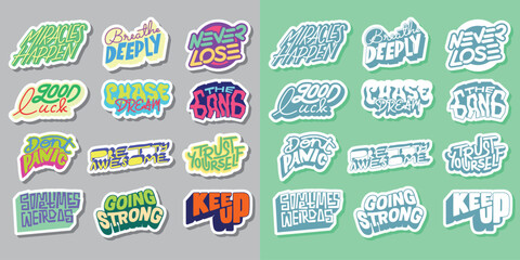 Cool Colorful Short Quotes Vector Stickers. Collection of Hand Drawn Groovy Typography