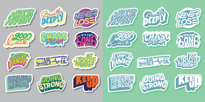 Naklejki Cool Colorful Short Quotes Vector Stickers. Collection of Hand Drawn Groovy Typography