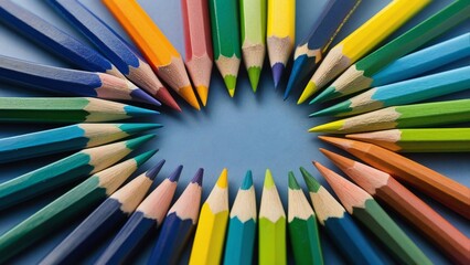 Fototapeta premium a circle of colored pencils with a circle of yellow, blue, and white.