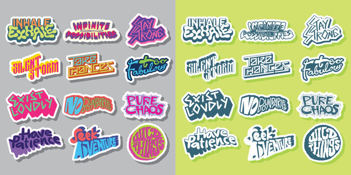Naklejki Cool Colorful Short Quotes Vector Stickers. Collection of Hand Drawn Groovy Typography