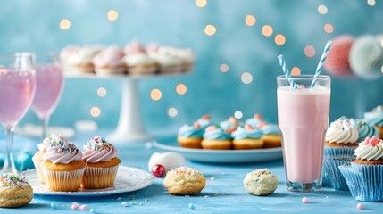Festive birthday party table set with an assortment of delightful cupcakes cookies and refreshing drinks ready to celebrate a special occasion with family and friends