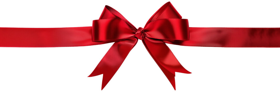 Red satin gift ribbon and bow isolated on white or transparent background, Christmas or birthday or Valentine's Day holiday celebration, png cut out