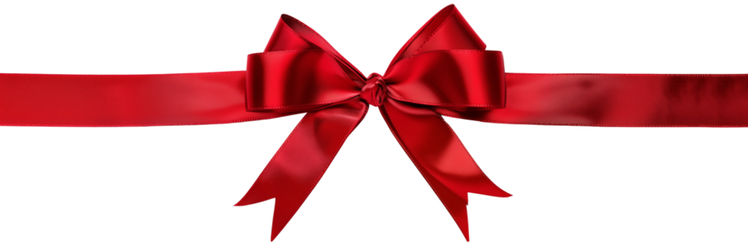 Red satin gift ribbon and bow isolated on white or transparent background, Christmas or birthday or Valentine's Day holiday celebration, png cut out