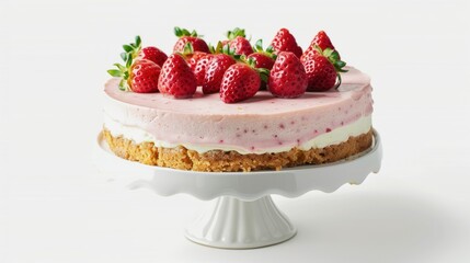 Strawberry Cheesecake on White Background, Placed on Beautiful Cake Stand, Most Realistic Top View.