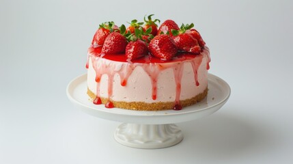 Strawberry Cheesecake on White Background, Placed on Beautiful Cake Stand, Most Realistic Top View.