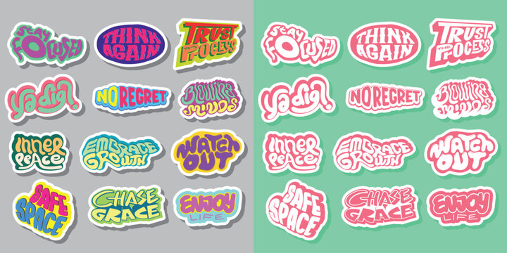 Naklejki Cool Colorful Short Quotes Vector Stickers. Collection of Hand Drawn Groovy Typography