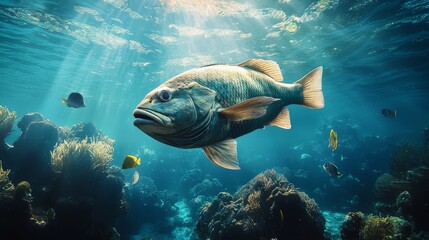 Obraz premium A large fish with numerous smaller fish in its jaws swims through an ocean teeming with corals