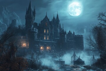 A Gothic Castle Illuminated by a Full Moon in a Snowy, Foggy Landscape