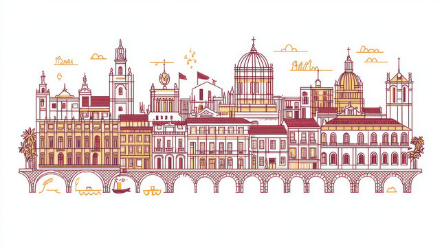cityscape line art in red and yellow clip art preview