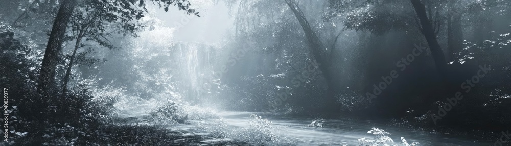 Poster a serene black and white forest scene with soft mist and light filtering through trees, evoking tran