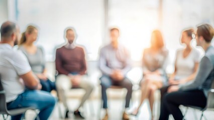 "Mental Health Support Circle: Blurred Effect" - Participants in a support group session, with a blurred background for a serene atmosphere.
