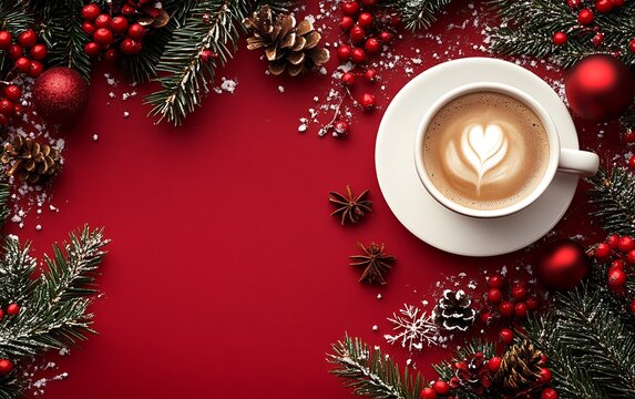 A cup of latte with a heart design on top surrounded by Christmas decorations.