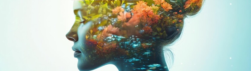 Fototapeta premium A surreal representation of a woman's profile blended with vibrant marine life, symbolizing creativity and connection to nature.