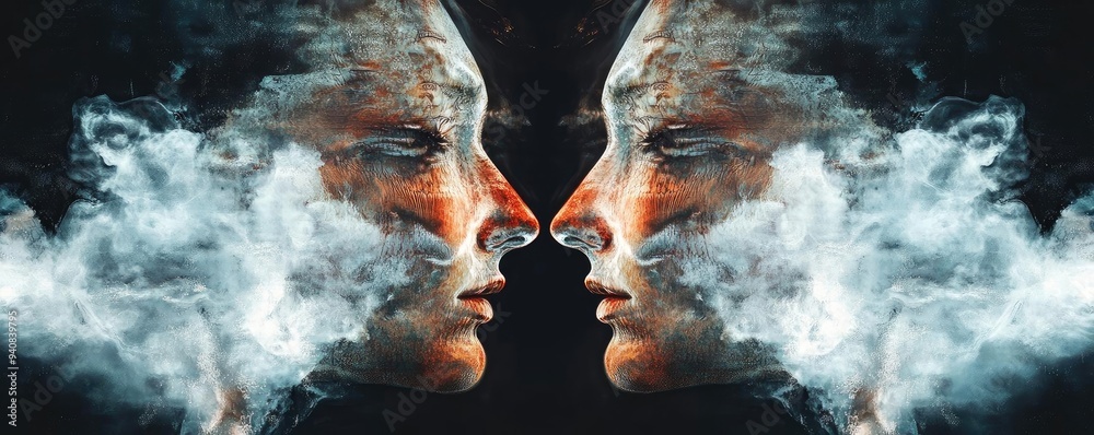 Poster A captivating dual portrait of two faces shrouded in ethereal smoke, evoking emotion and connection in a surreal ambiance.