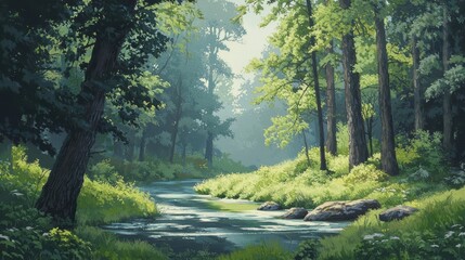 Beautiful Summer Morning in a Serene Sunlit Forest Landscape with a Flowing Stream